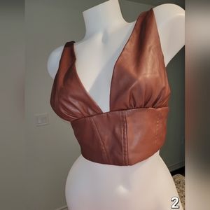 V-Neck Faux Leather Tank Top in brown , size small